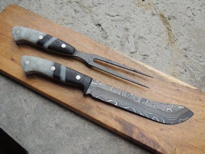 Premium Handmade Damascus Steel Steak Knife and Fork Set - Korvel