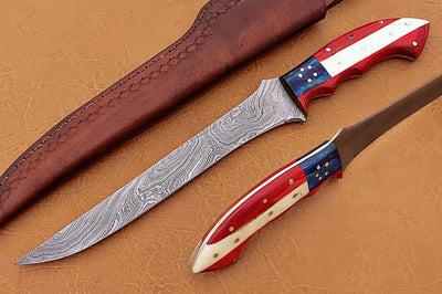 Exquisite Handmade Damascus Steel Fillet-Boning Knife with Texas Flag Handle - 13 Inch Length - Korvel