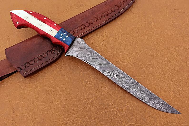Exquisite Handmade Damascus Steel Fillet-Boning Knife with Texas Flag Handle - 13 Inch Length - Korvel
