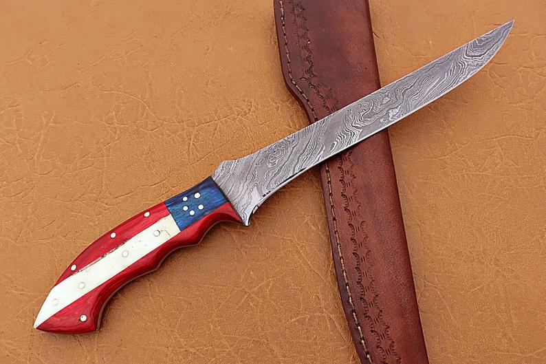 Exquisite Handmade Damascus Steel Fillet-Boning Knife with Texas Flag Handle - 13 Inch Length - Korvel