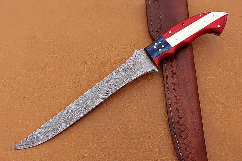 Exquisite Handmade Damascus Steel Fillet-Boning Knife with Texas Flag Handle - 13 Inch Length - Korvel