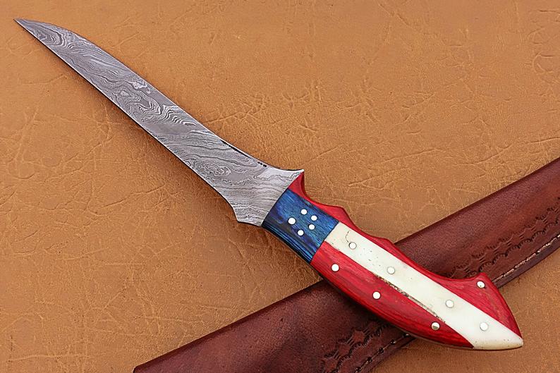 Exquisite Handmade Damascus Steel Fillet-Boning Knife with Texas Flag Handle - 13 Inch Length - Korvel