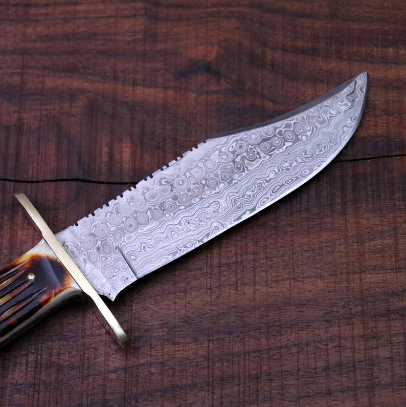 Custom Handmade 15-Inch Damascus Steel Bowie Knife with Bone Handle - Korvel