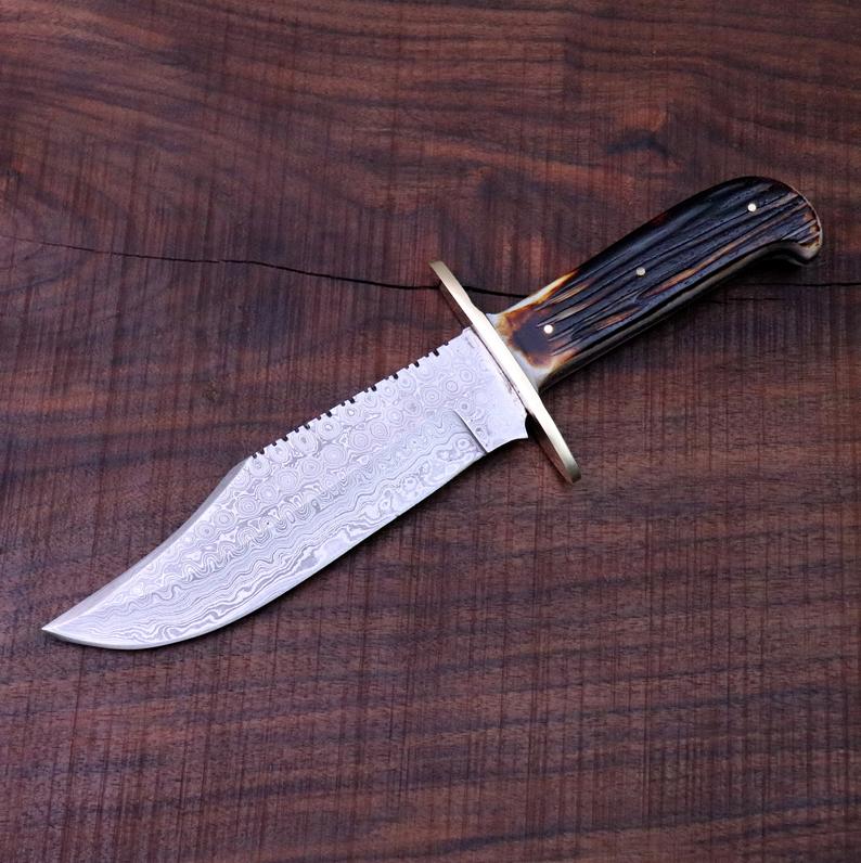 Custom Handmade 15-Inch Damascus Steel Bowie Knife with Bone Handle - Korvel