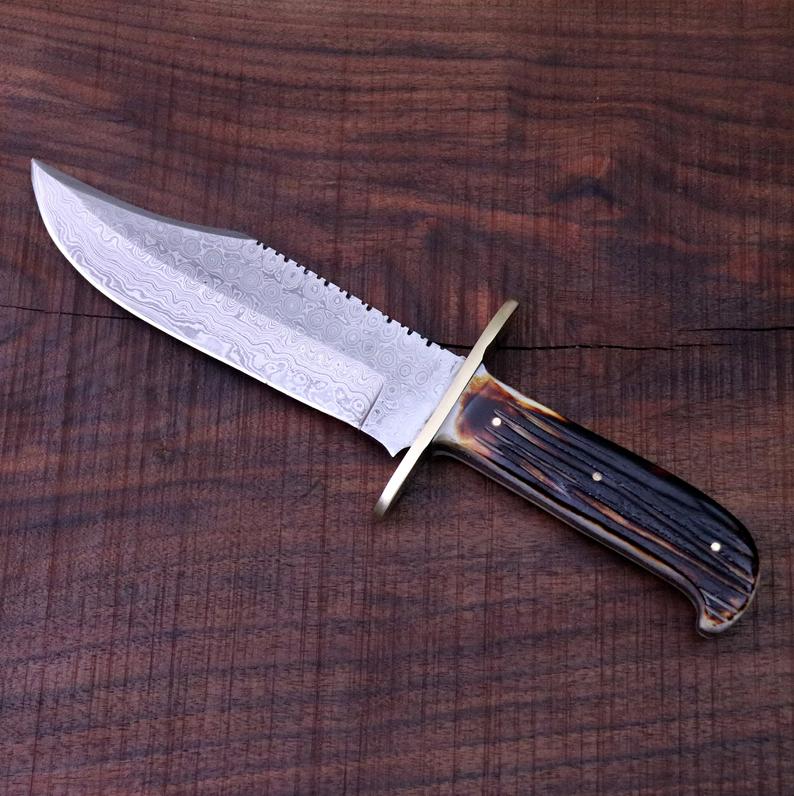 Custom Handmade 15-Inch Damascus Steel Bowie Knife with Bone Handle - Korvel
