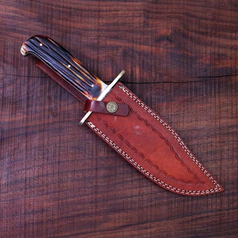 Custom Handmade 15-Inch Damascus Steel Bowie Knife with Bone Handle - Korvel