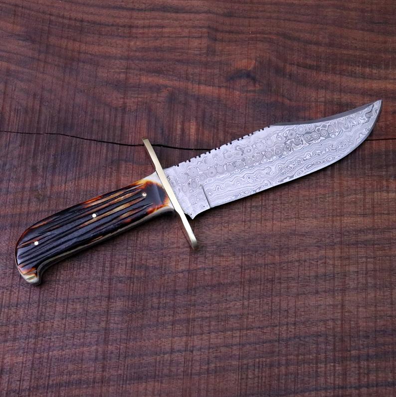 Custom Handmade 15-Inch Damascus Steel Bowie Knife with Bone Handle - Korvel
