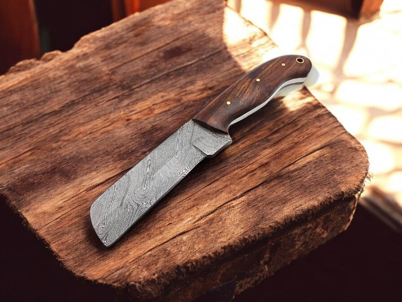 Custom Bull Cutter Knife with Damascus Blade & Rosewood Handle | Premium EDC Sheath - Korvel