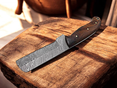 Custom Bull Cutter Knife with Damascus Blade & Rosewood Handle | Premium EDC Sheath - Korvel