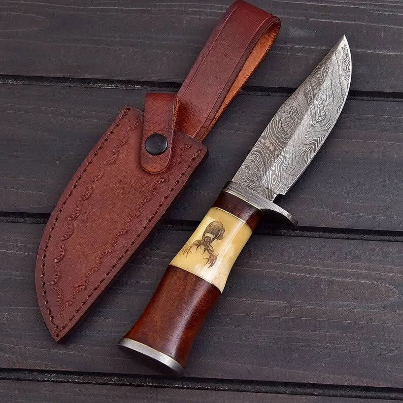 Premium Handcrafted Damascus Hunting Knife | Unique Engraved Bone & Rosewood Handle | 10" | Includes Leather Sheath - Korvel