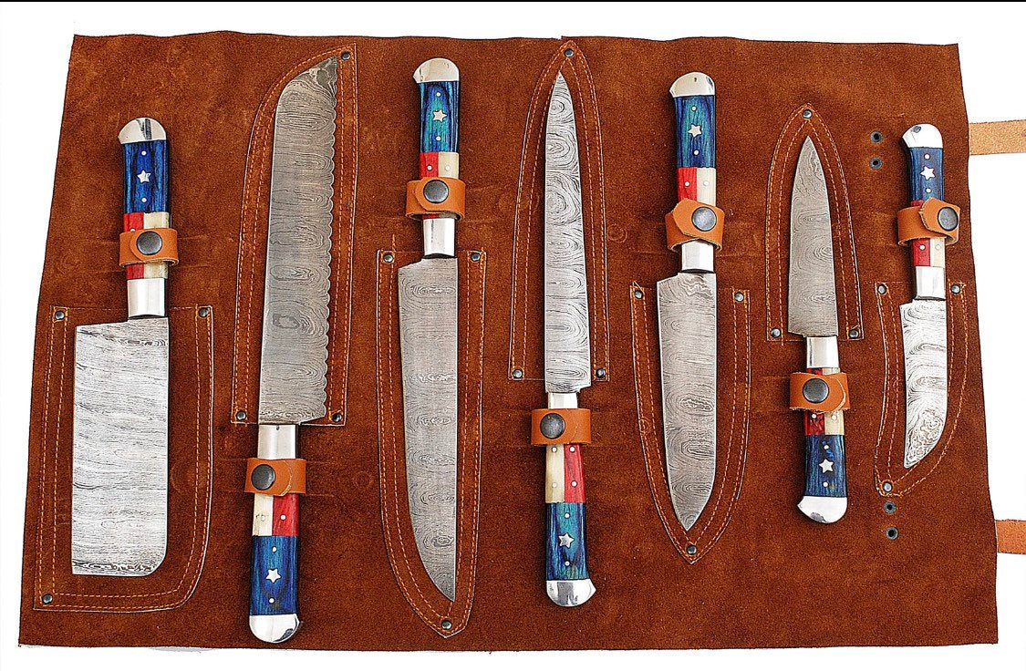 Texas Pride 7-Piece Kitchen Knife Set with Artisan Damascus Blades and Flag-Inspired Handles - Korvel