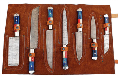 Texas Pride 7-Piece Kitchen Knife Set with Artisan Damascus Blades and Flag-Inspired Handles - Korvel