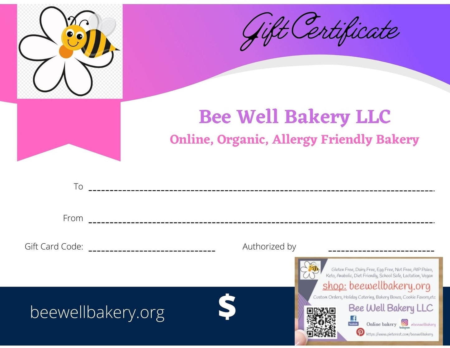 Certificado de Regalo de Bee Well Bakery - Perfecto para Cualquier Ocasión