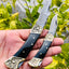 Exquisite Pair of Custom Handmade Damascus Steel Folding Pocket Knives with Buffalo Horn Handles and Engraved Brass Bolsters - Korvel