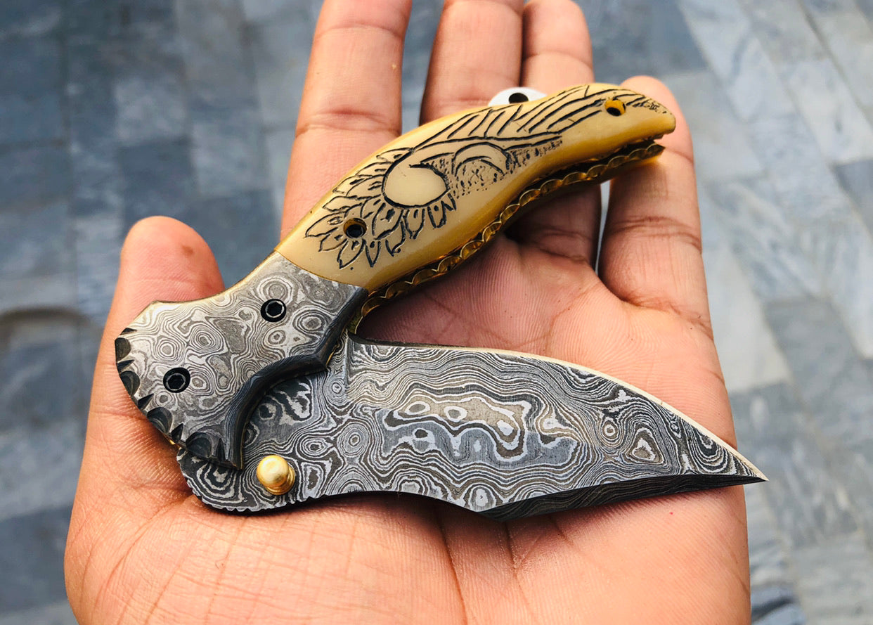 Artisan Crafted Damascus Steel Folding Pocket Knife with Leather Sheath - KBS Knives - Korvel