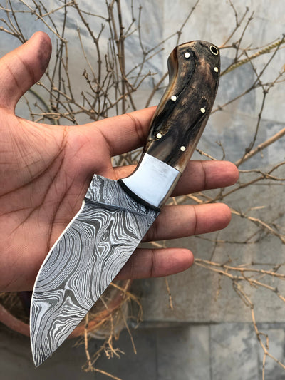 Premium Damascus Steel Hunting Knife with Sheep Horn Handle - Korvel
