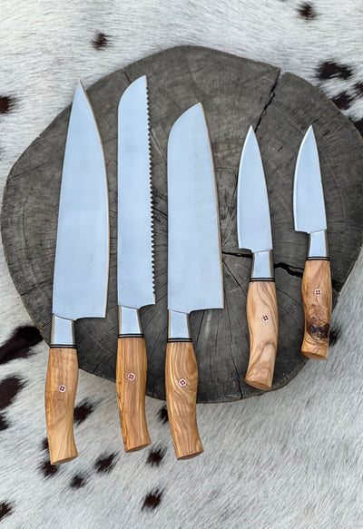 Premium 5-Piece Custom Handmade Stainless Steel Knife Set with Olive Wood Handles & Leather Roll - Korvel