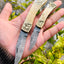 Exquisite Pair of Custom Handmade Damascus Steel Folding Pocket Knives with Bone Handles and Engraved Brass Bolsters - Korvel