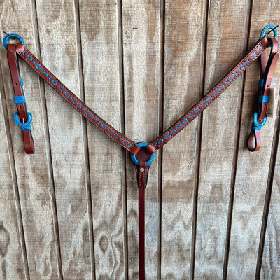 Turquoise Aztec Design Rawhide Breastcollar | Alamo Collection - Korvel