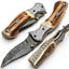 Artisan Crafted Damascus Steel Folding Pocket Knife with Antler Handle & Leather Sheath by KBS Knives - Korvel