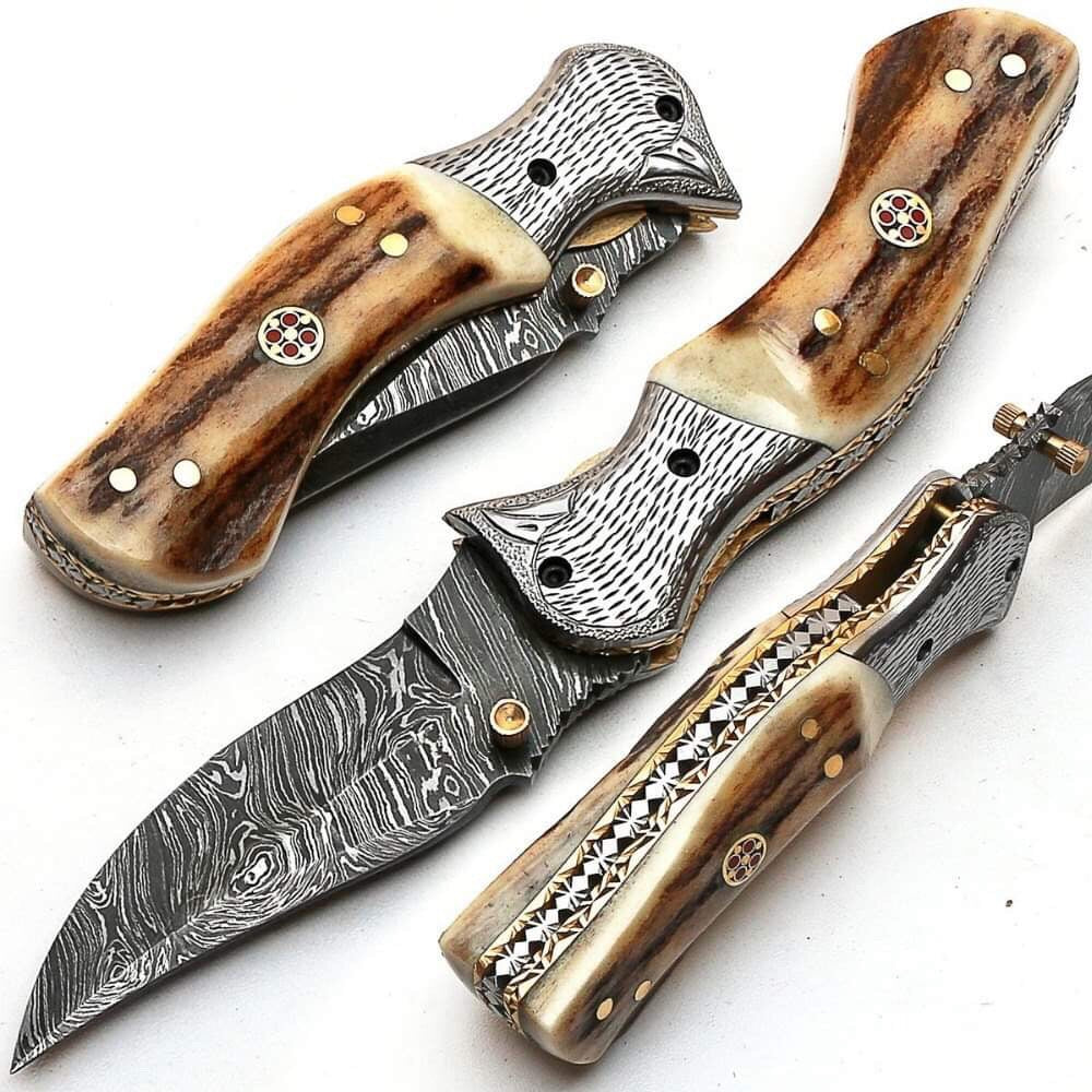 Artisan Crafted Damascus Steel Folding Pocket Knife with Antler Handle & Leather Sheath by KBS Knives - Korvel