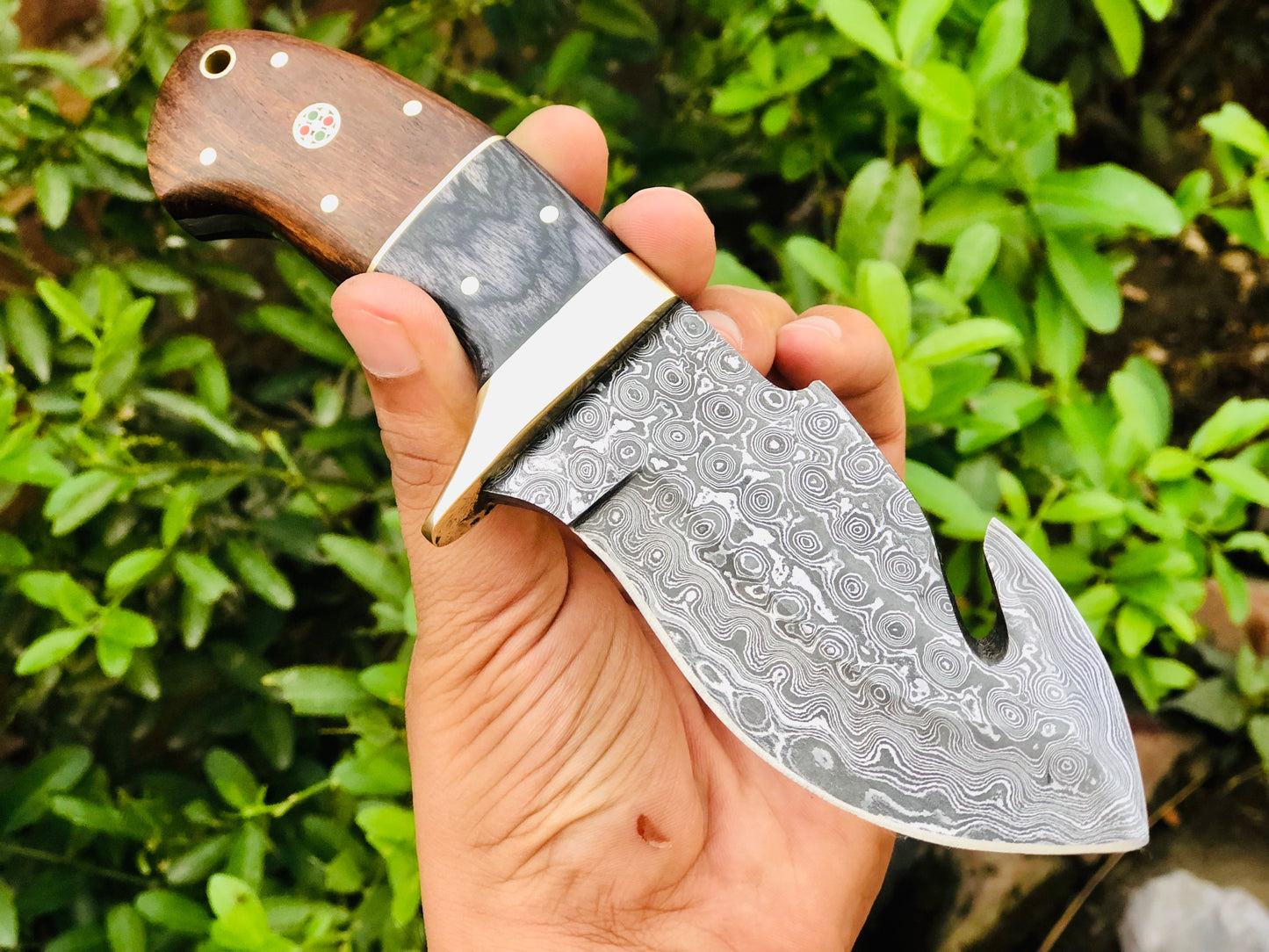 Premium Raindrop Damascus Guthook Skinning Knife - Korvel