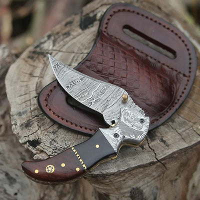 Custom Damascus Folding Pocket Knife with Buffalo Horn & Rosewood Handle - 3.2" Blade - Korvel