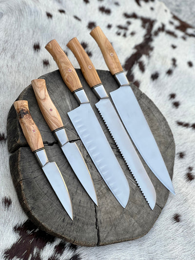 Premium 5-Piece Custom Handmade Stainless Steel Knife Set with Olive Wood Handles & Leather Roll - Korvel