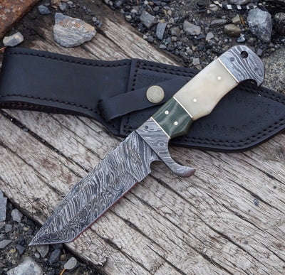 Premium Handmade Damascus Tanto Knife with Leather Sheath - Korvel