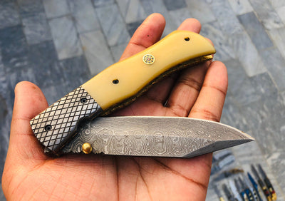 Artisan Crafted Damascus Steel Folding Knife with Bone Grip & Leather Sheath - 3.3" Blade by KBS Knives - Korvel