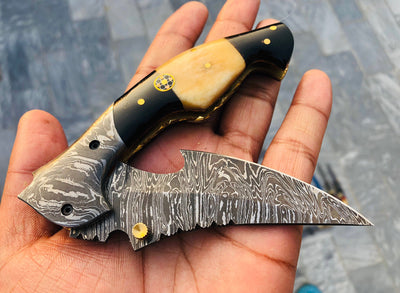 Premium Custom Damascus Steel Tactical Folding Knife with Bone & Buffalo Horn Handle - Leather Case Included - Korvel