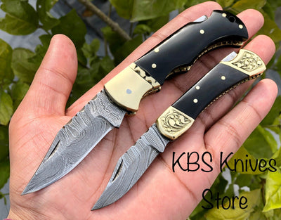 Exquisite Pair of Custom Handmade Damascus Steel Folding Pocket Knives with Leather Case - Korvel