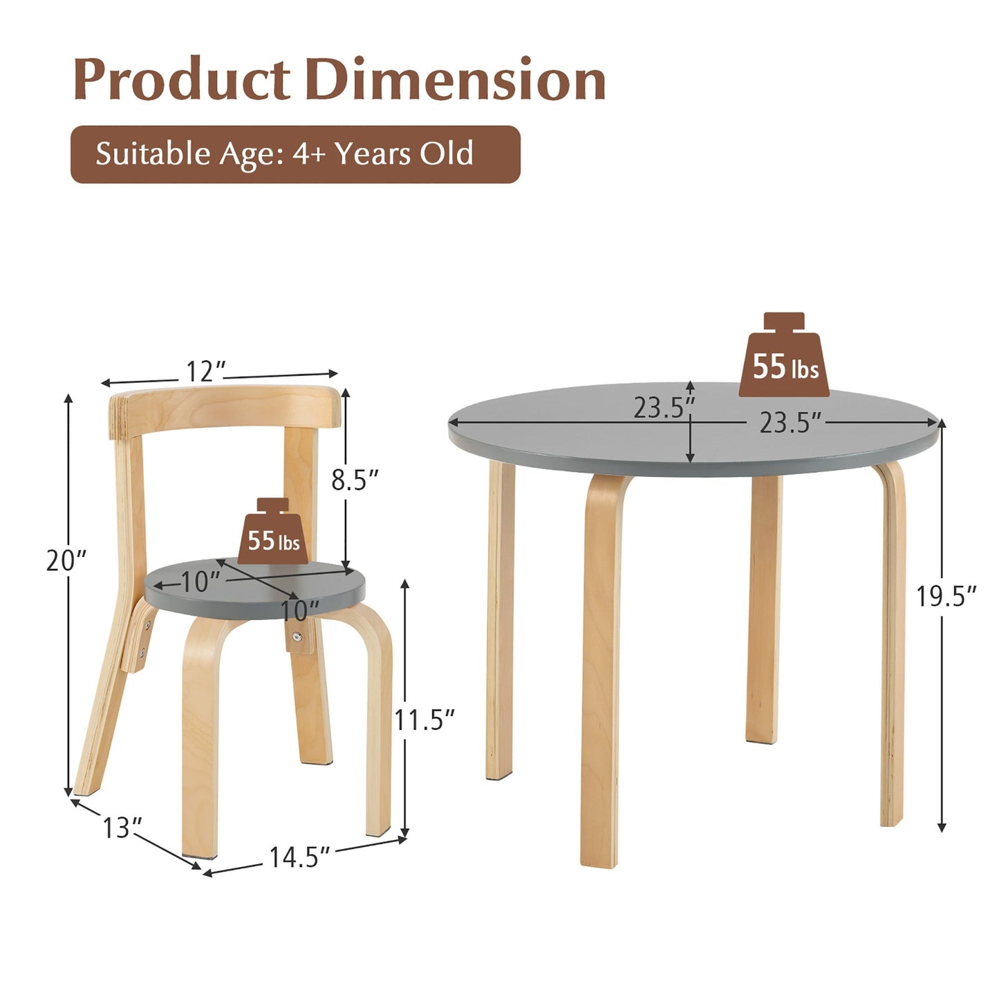 5-Piece Kids Wooden Activity Table and Chair Set - Gray