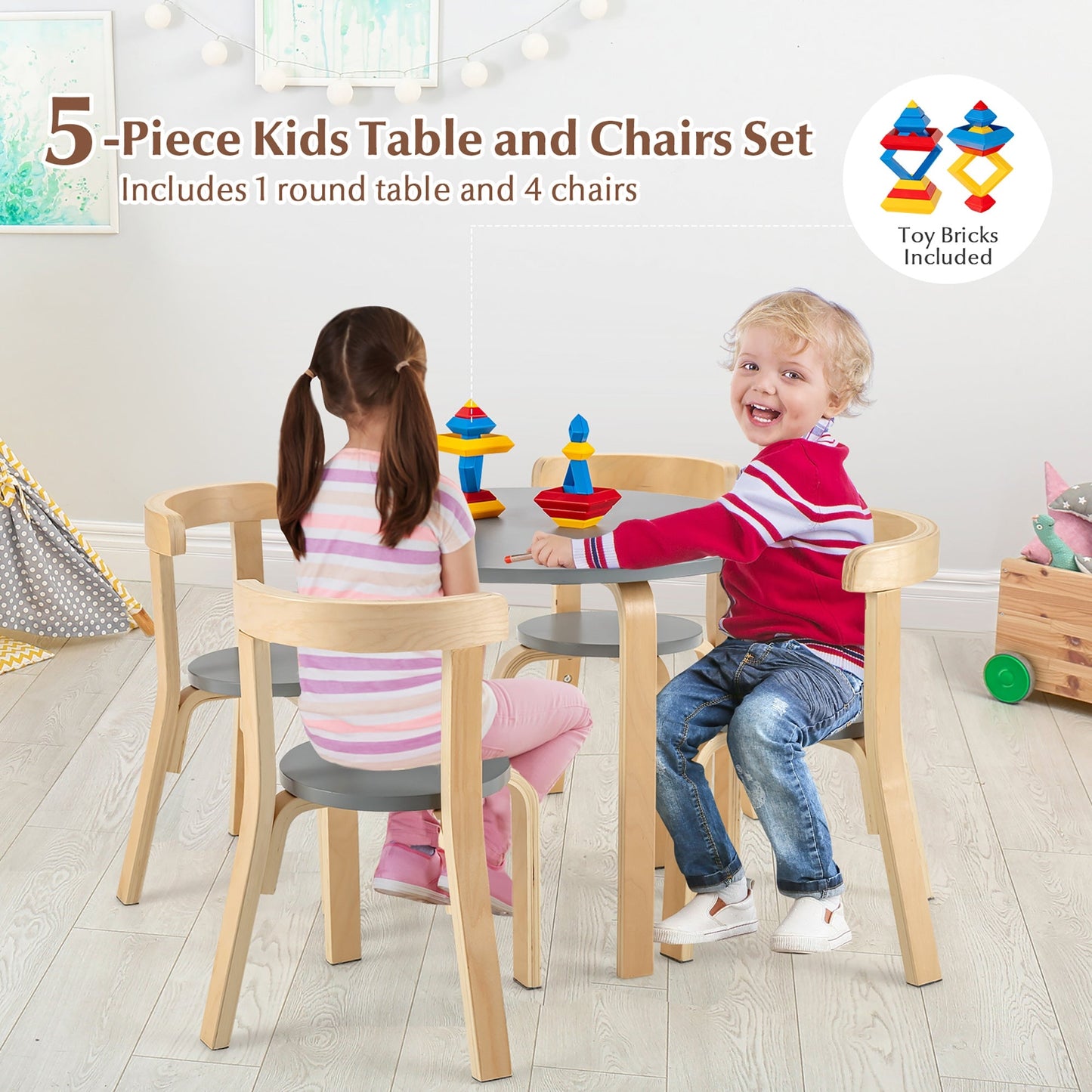 5-Piece Kids Wooden Activity Table and Chair Set - Gray