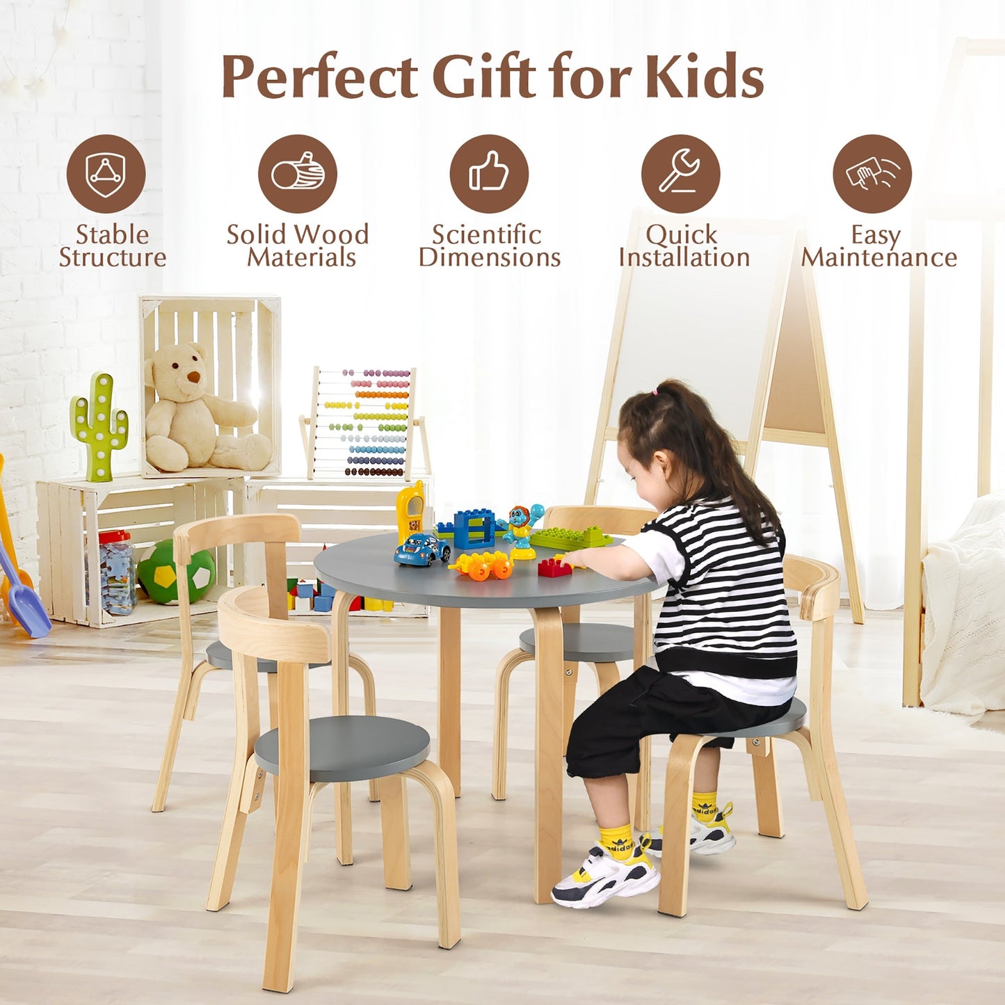 5-Piece Kids Wooden Activity Table and Chair Set - Gray