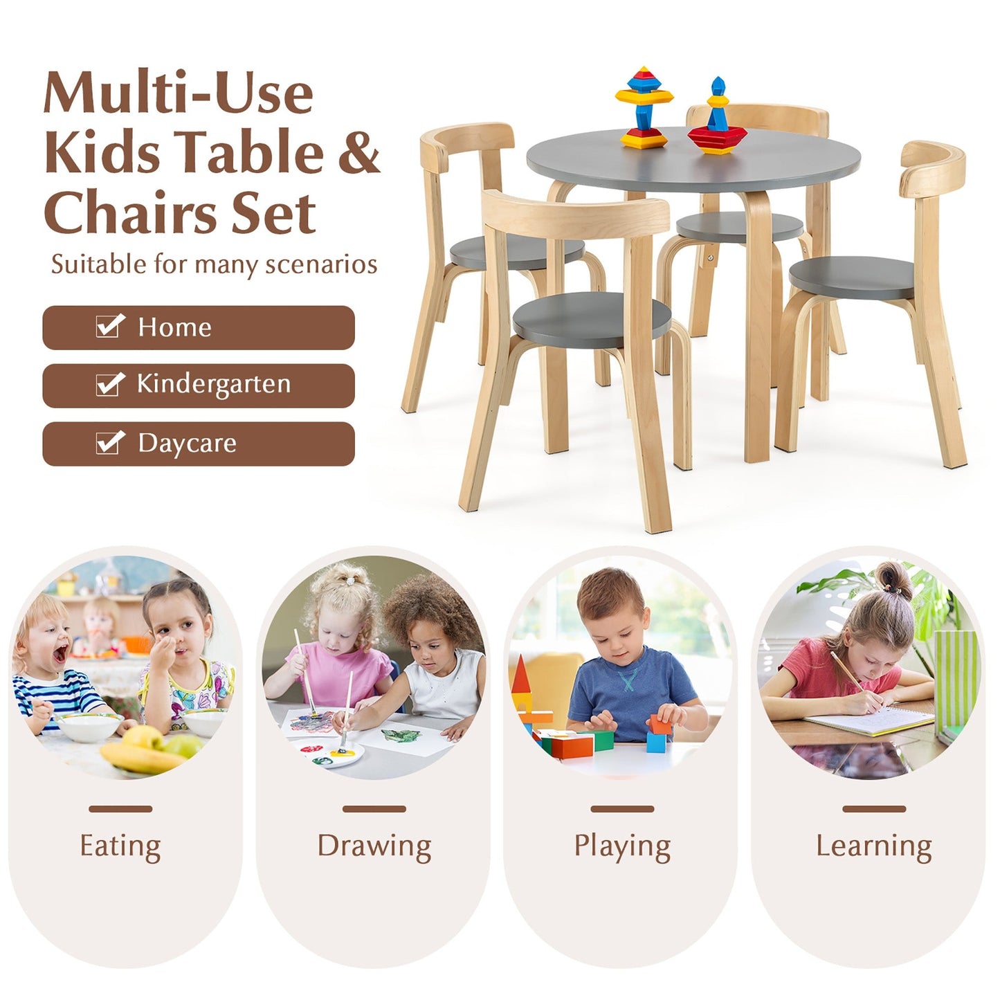 5-Piece Kids Wooden Activity Table and Chair Set - Gray