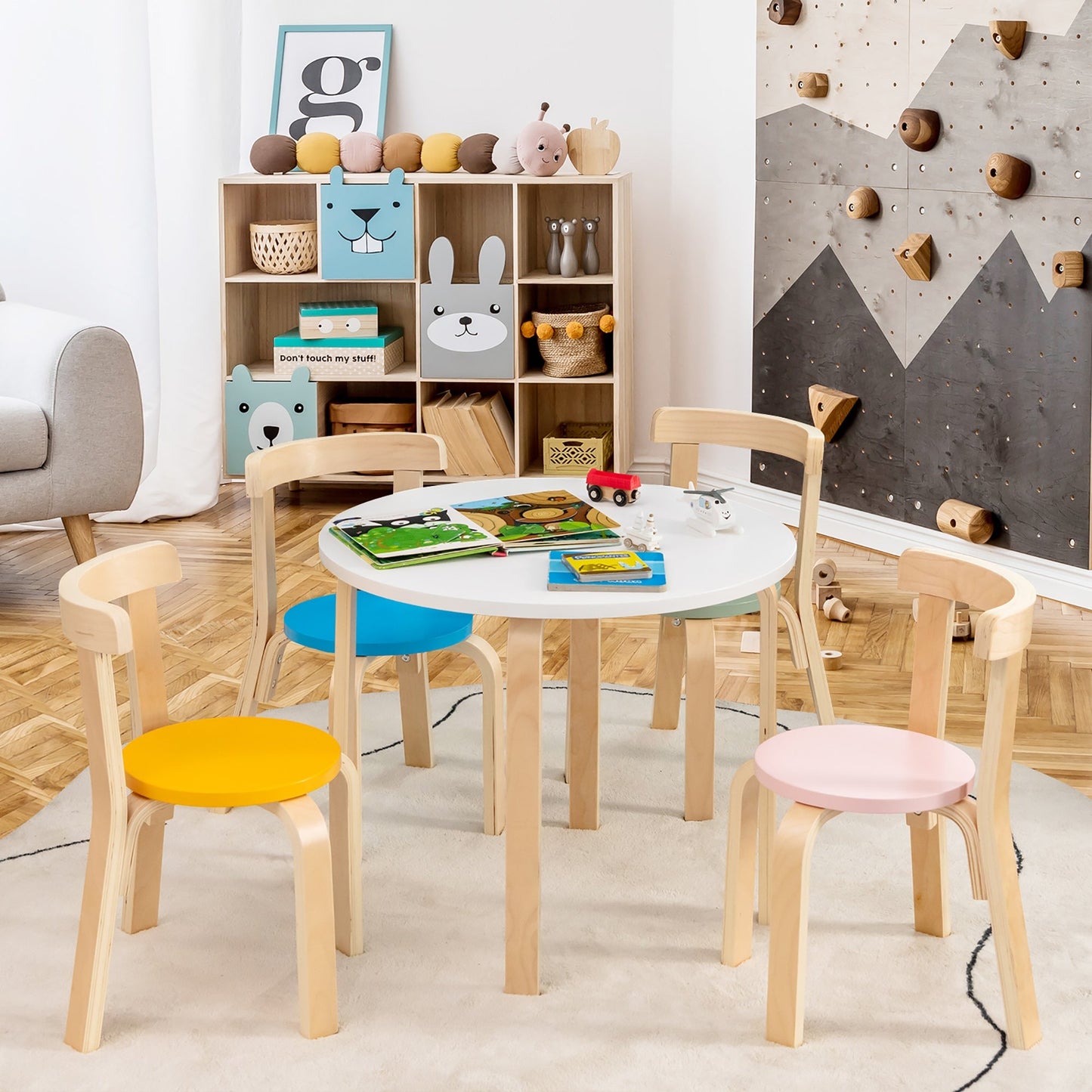 5-Piece Kids Wooden Activity Table and Chair Set with Toy Bricks