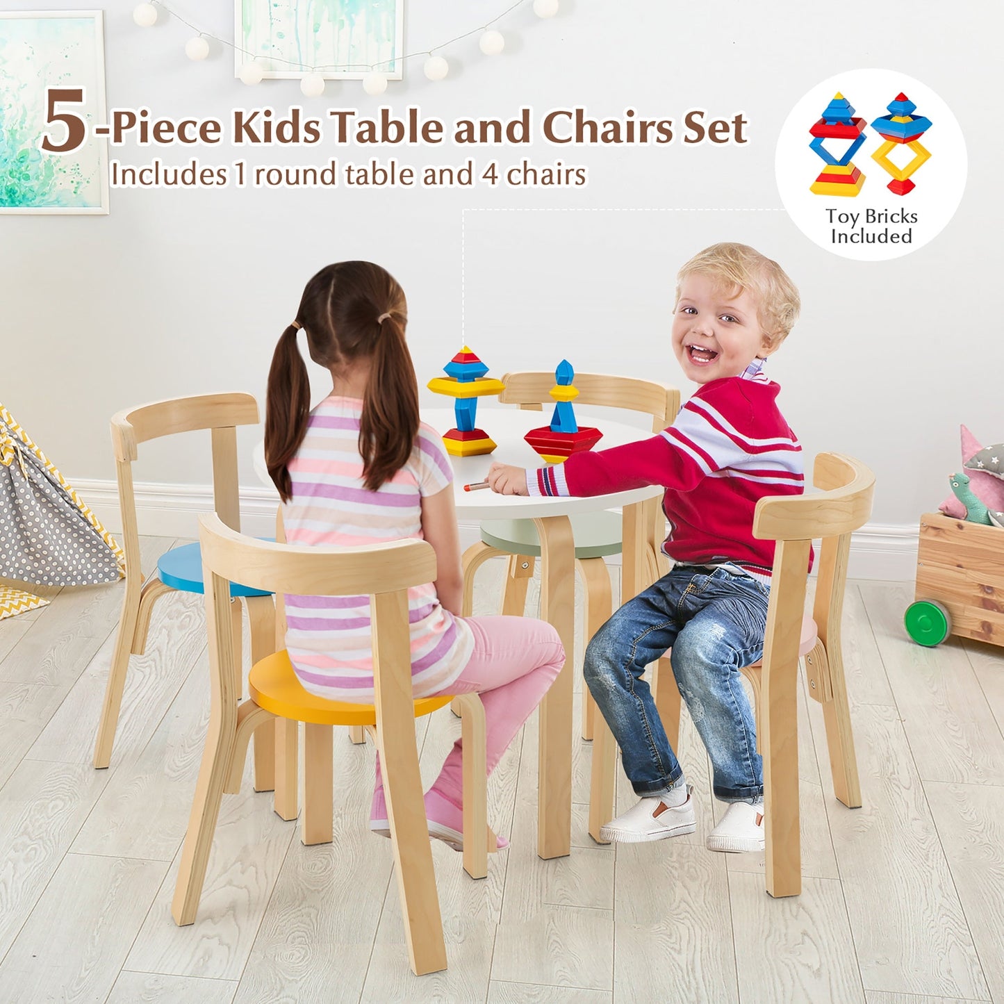 5-Piece Kids Wooden Activity Table and Chair Set with Toy Bricks