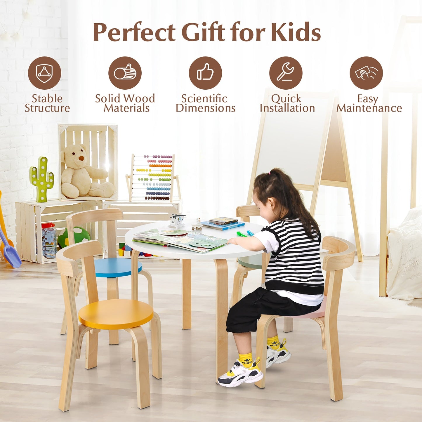 5-Piece Kids Wooden Activity Table and Chair Set with Toy Bricks