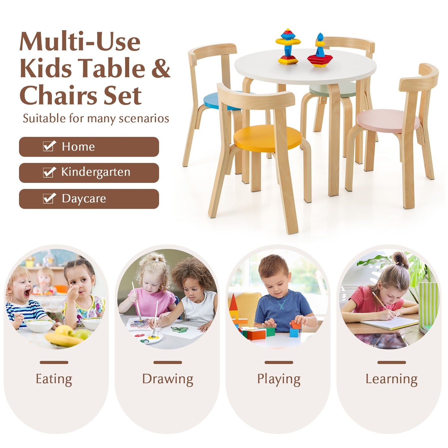 5-Piece Kids Wooden Activity Table and Chair Set with Toy Bricks