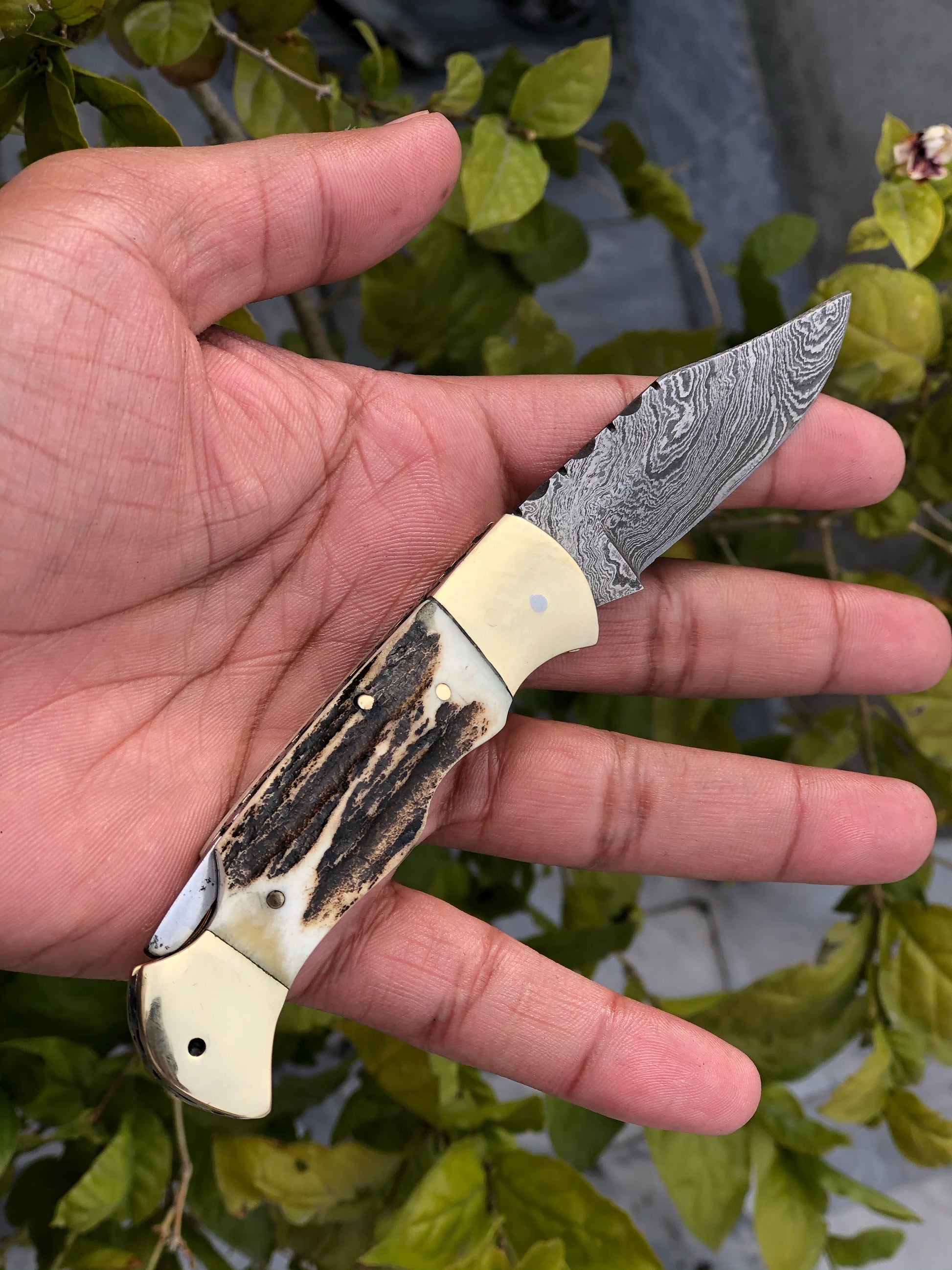 Artisan Crafted Damascus Steel Folding Pocket Knife with Antler Horn Handle and Leather Sheath - Exclusive from KBS Knives - Korvel