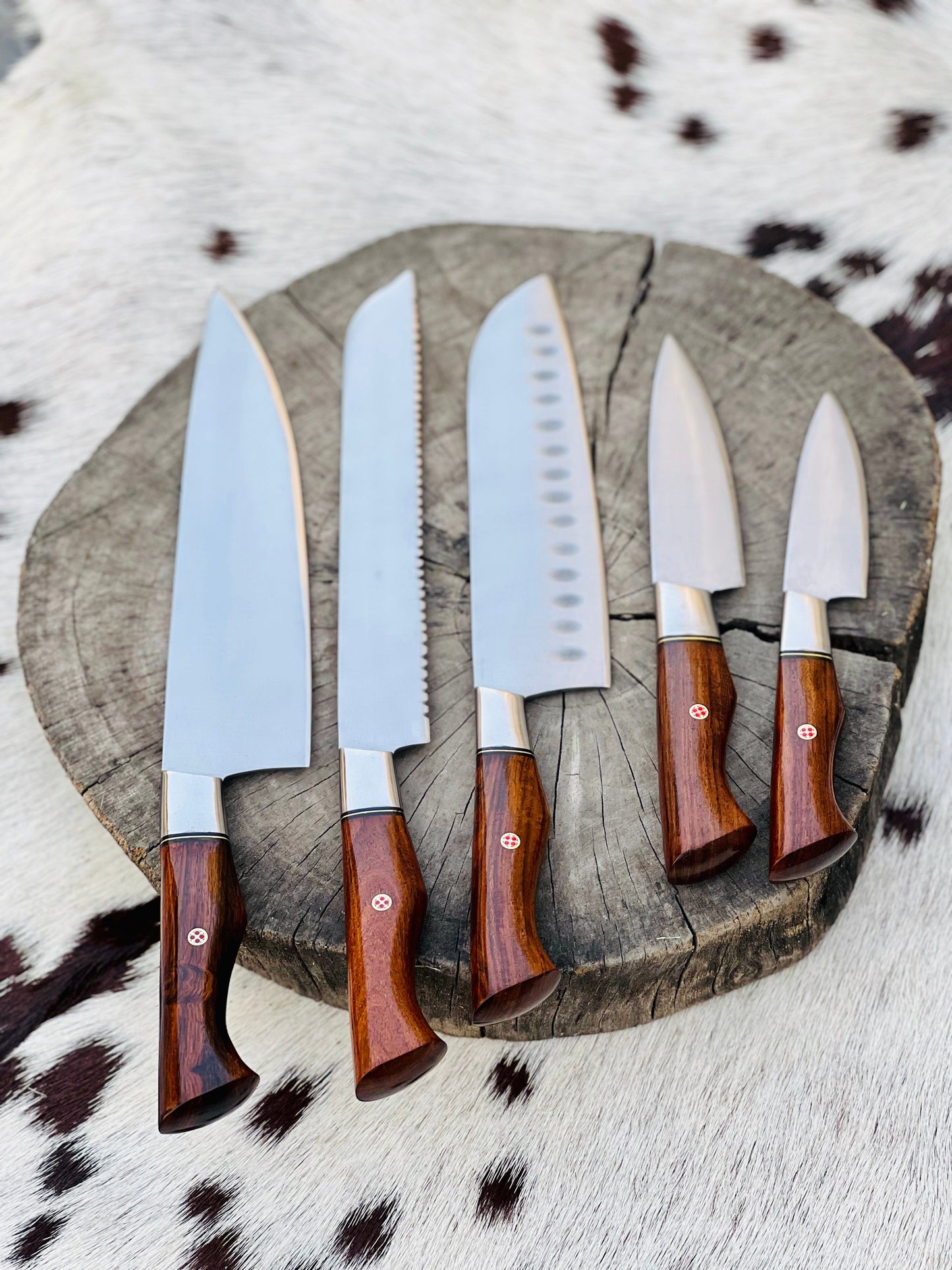 Premium 5-Piece Custom Handmade Stainless Steel Knife Set with Leather Roll & Elegant Rosewood Handles - Korvel