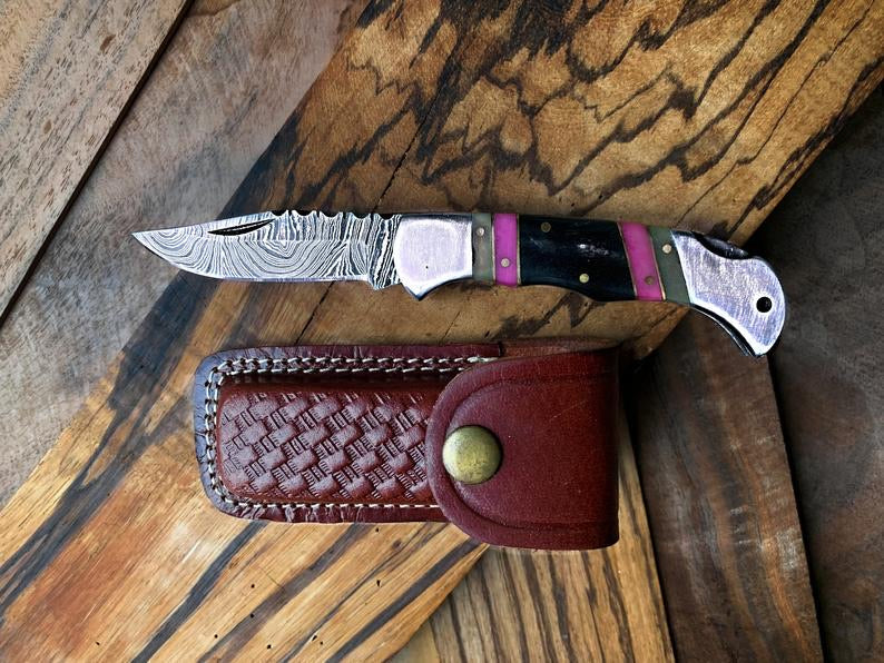 Premium Folding Pocket Knife with Buffalo Horn Handle & Color Wood Inlays - 3" Blade & Leather Sheath - Korvel