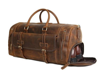 Versatile Vintage Leather Duffle Bag with Dedicated Shoe Compartment - Korvel