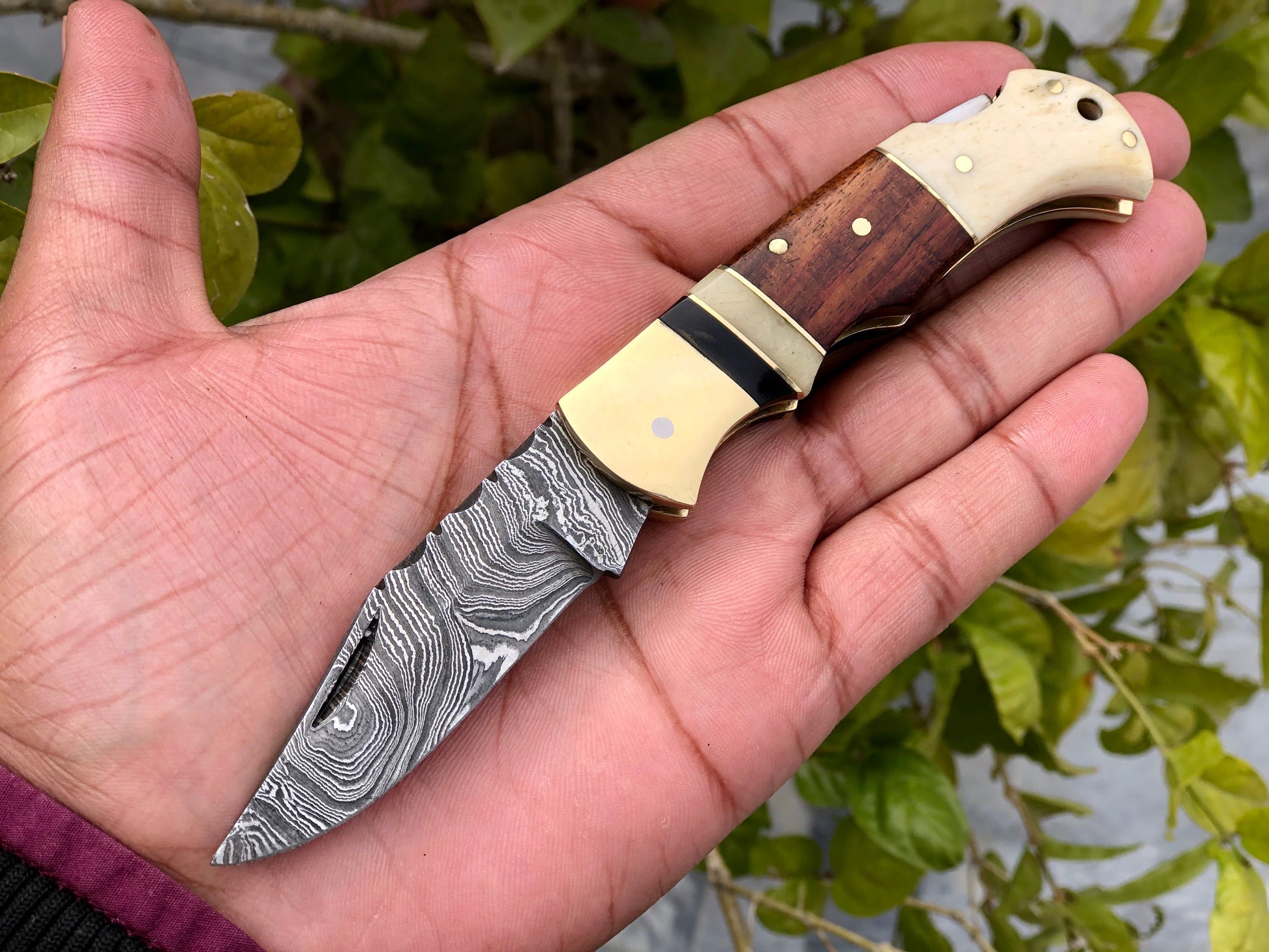 Artisan Crafted Damascus Steel Compact Folding Knife with Bone and Rosewood Handle - Korvel