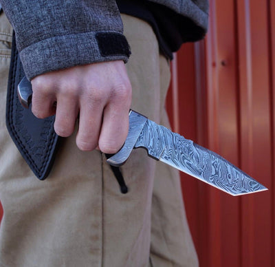 Premium Handmade Damascus Tanto Knife with Leather Sheath - Korvel