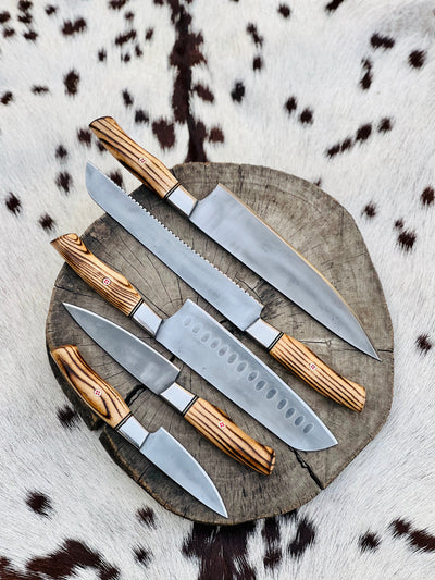 Artisan 5-Piece Acid-Washed Stainless Steel Knife Set with Wenge Wood Handles & Leather Roll - Korvel