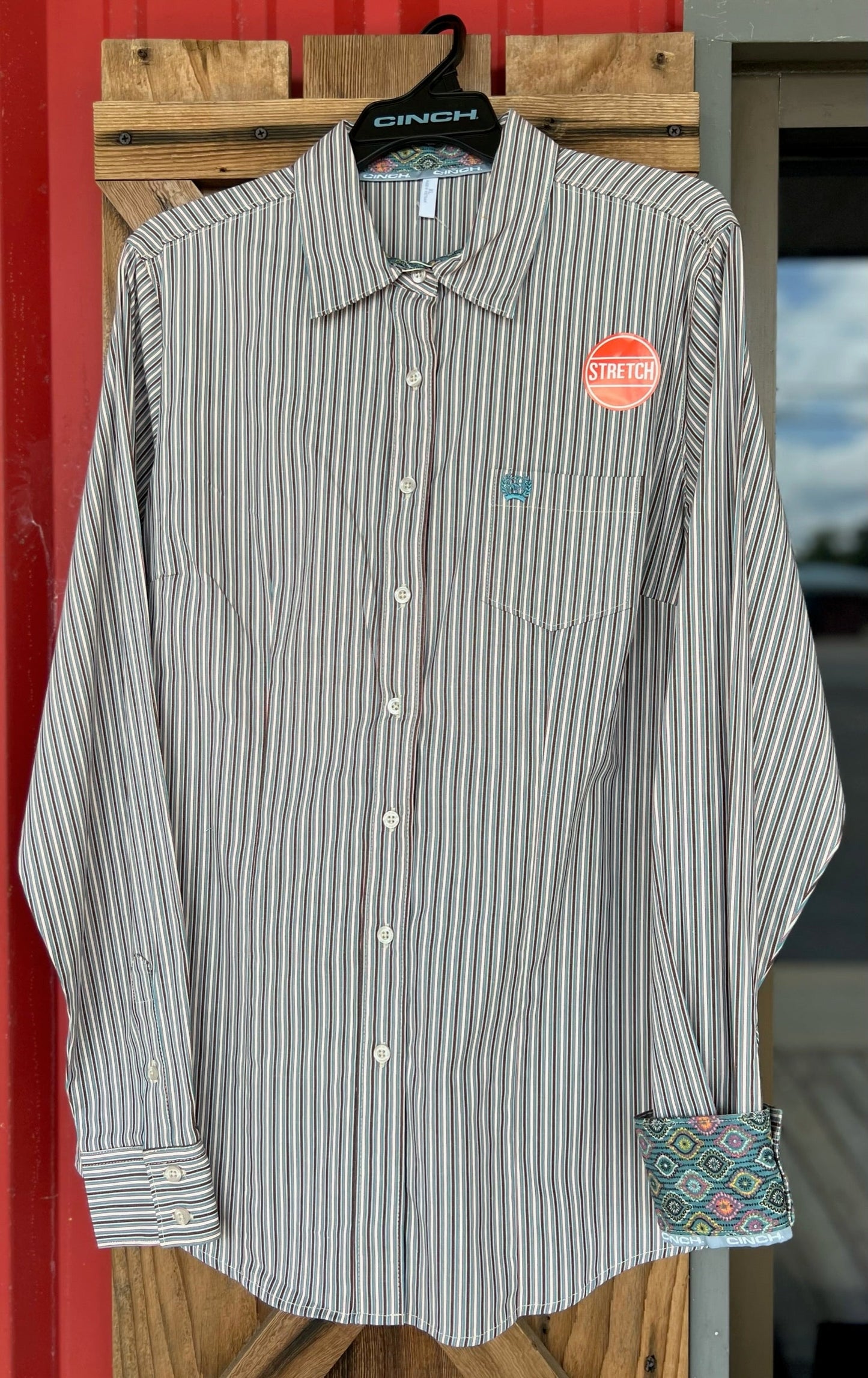 Chic Cream & Grey Striped Button-Up Shirt for Women - Korvel
