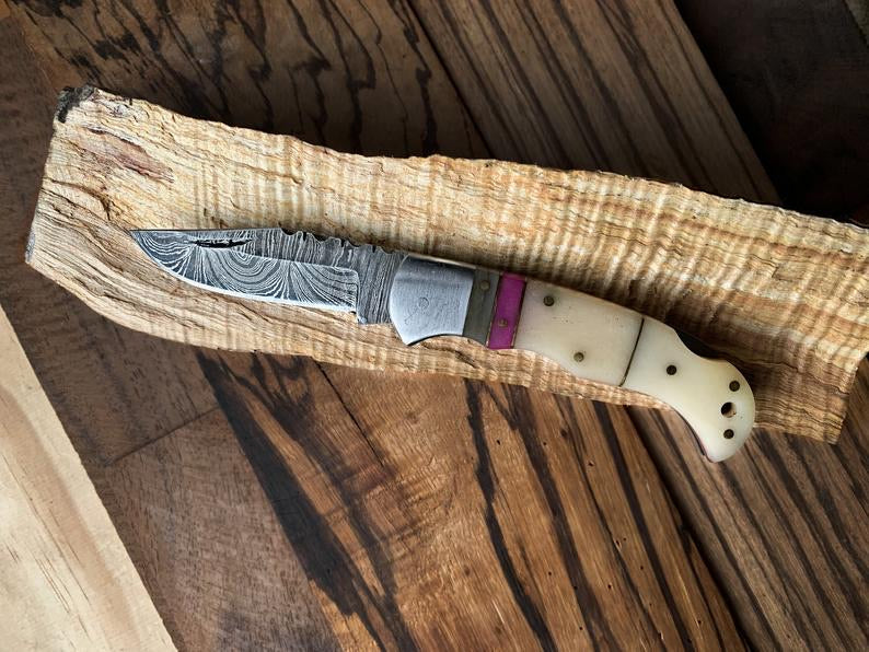 Premium Damascus Steel Folding Pocket Knife with Elegant Bone and Wood Handle - 3 Inch Blade & Leather Case - Korvel
