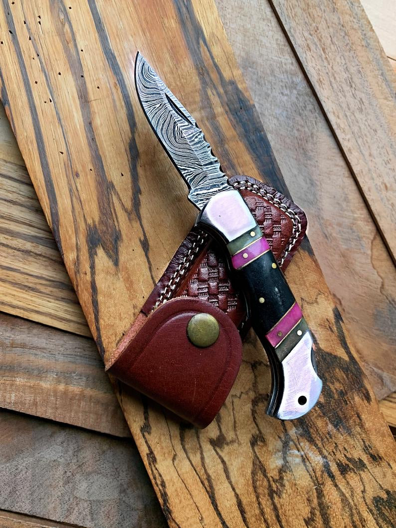 Premium Folding Pocket Knife with Buffalo Horn Handle & Color Wood Inlays - 3" Blade & Leather Sheath - Korvel